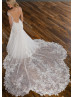 Plunging Neck Beaded Ivory Lace Tulle Deep V Pearl Buttons Back Wedding Dress